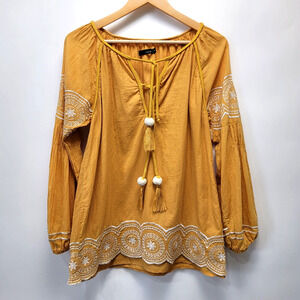 Womens Tunic Top Size Small Yellow Orange Floral Embroidered Tassels Boho Hippie